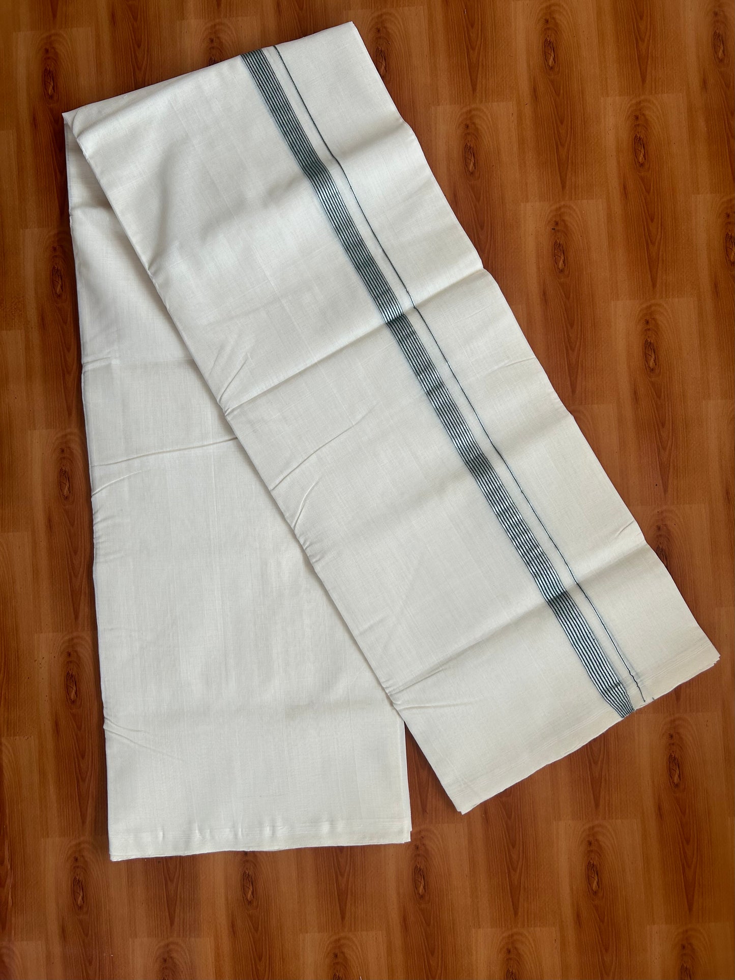 25% Discount ! KaithariKada Handloom Unakkupaav - Kerala Handloom - 100% Pure Cotton Off White (Unbleached) Double Mundu/Dothi - 100x80 - 0.75 inch Silver Kasav & Green Striped Kara 4 Meters (8.5 Muzham) - 5 KK5380 SOM