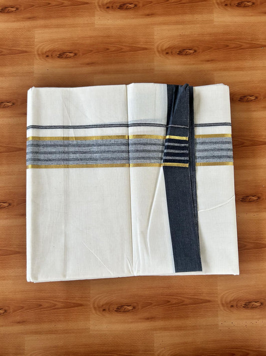 Double Off White (Unbleached) Mundu/Dothi- 20% Discount! Kaitharikada 100% Pure Cotton - 100x80 - 1.75 inch Gold Kasav & Black Striped Shaded Kara 4 mtr (8.5 muzham) - 1 KK5455 THI