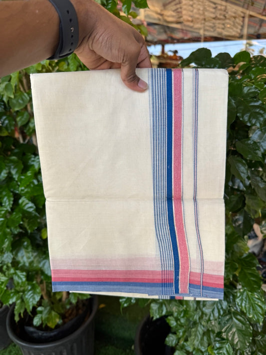 20% Discount! KaithariKada Balaramapuram 100% Cotton Double OFF WHITE (unbleached) Mundu/Dhoti- 100x80- 1.5 inch Silver Kasavu Blue & Red Shaded striped Kara 4 mtr (8.5 muzham) - 66 KK5251 PMC