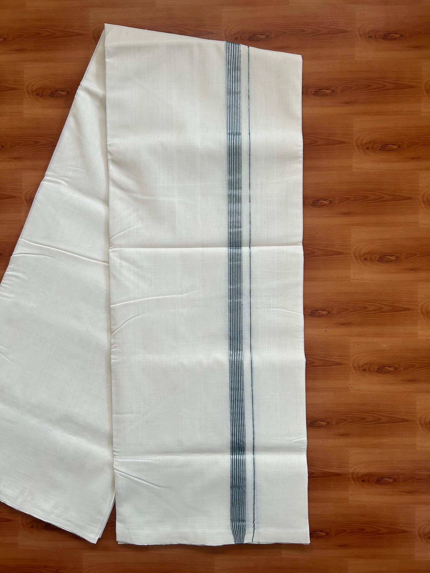 25% Discount ! KaithariKada Handloom Unakkupaav - Kerala Handloom - 100% Pure Cotton Off White (Unbleached) Double Mundu/Dothi - 100x80 - 0.75 inch Silver Kasav & Green Striped Kara 4 Meters (8.5 Muzham) - 5 KK5380 SOM