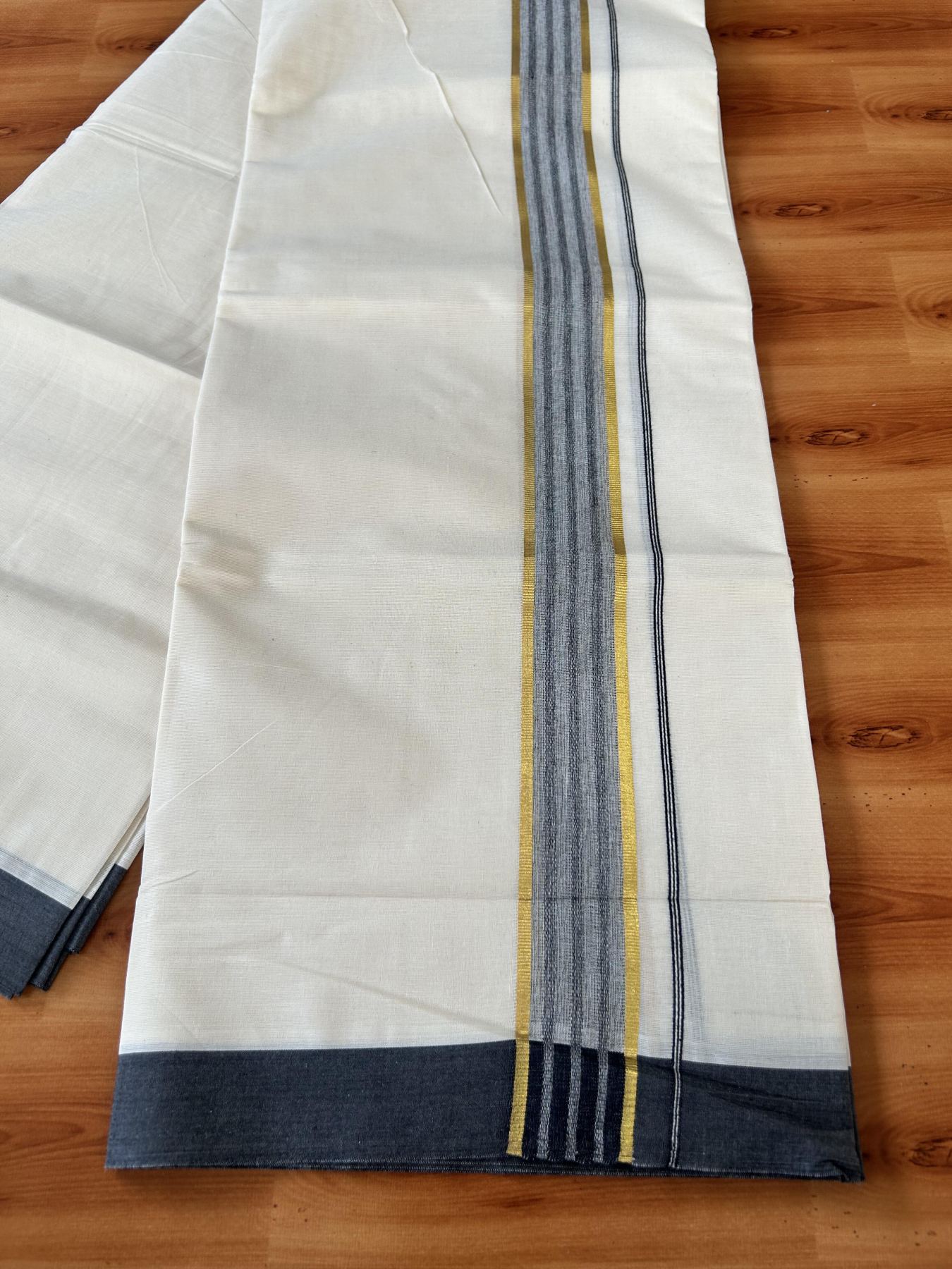Double Off White (Unbleached) Mundu/Dothi- 20% Discount! Kaitharikada 100% Pure Cotton - 100x80 - 1.75 inch Gold Kasav & Black Striped Shaded Kara 4 mtr (8.5 muzham) - 1 KK5455 THI