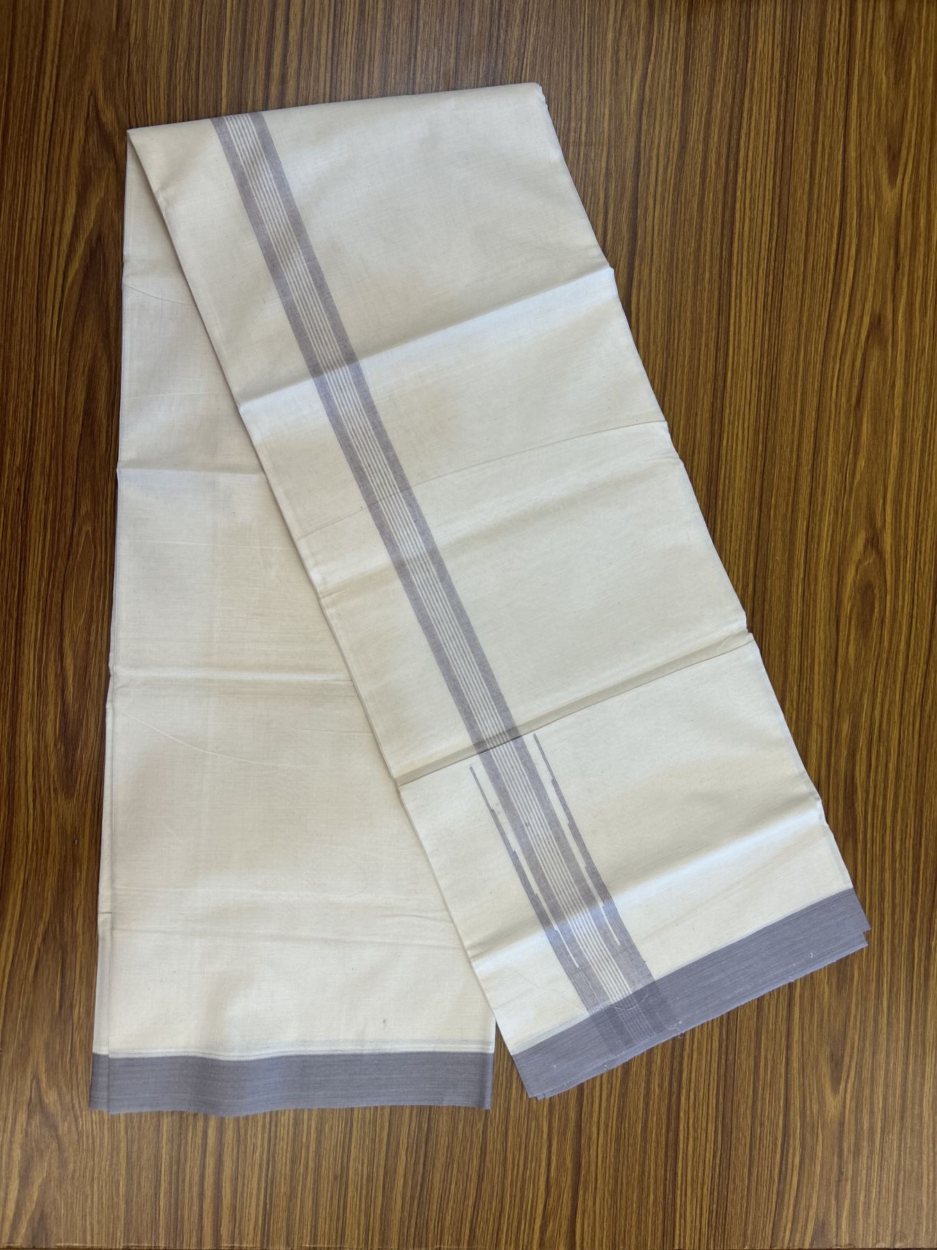 20% Discount ! KaithariKada Balaramapuram 100% Cotton Double Off White - (Unbleached) - Mundu / Dhoti- 100x80 -  1.75 inch Puliyilakkara Ash Purple shaded striped chutty Kara - 4 mtr (8.5 Muzham) - 30 KK5340 VIN
