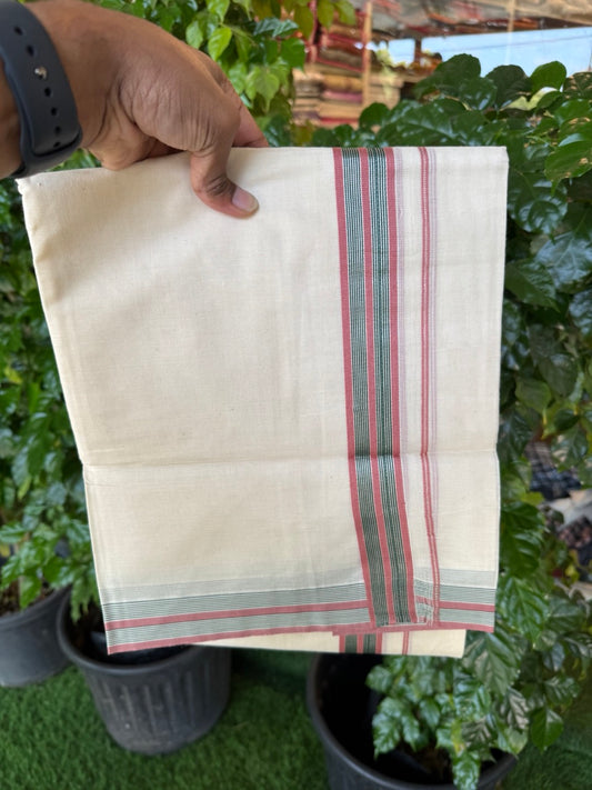 20% Discount! KaithariKada Balaramapuram 100% Cotton Double OFF WHITE (unbleached) Mundu/Dhoti- 100x80- 1.25 inch Silver Kasavu Dark Dusty rose & Dark Green striped Kara 4 mtr (8.5 muzham) - 69 KK5251 PMC