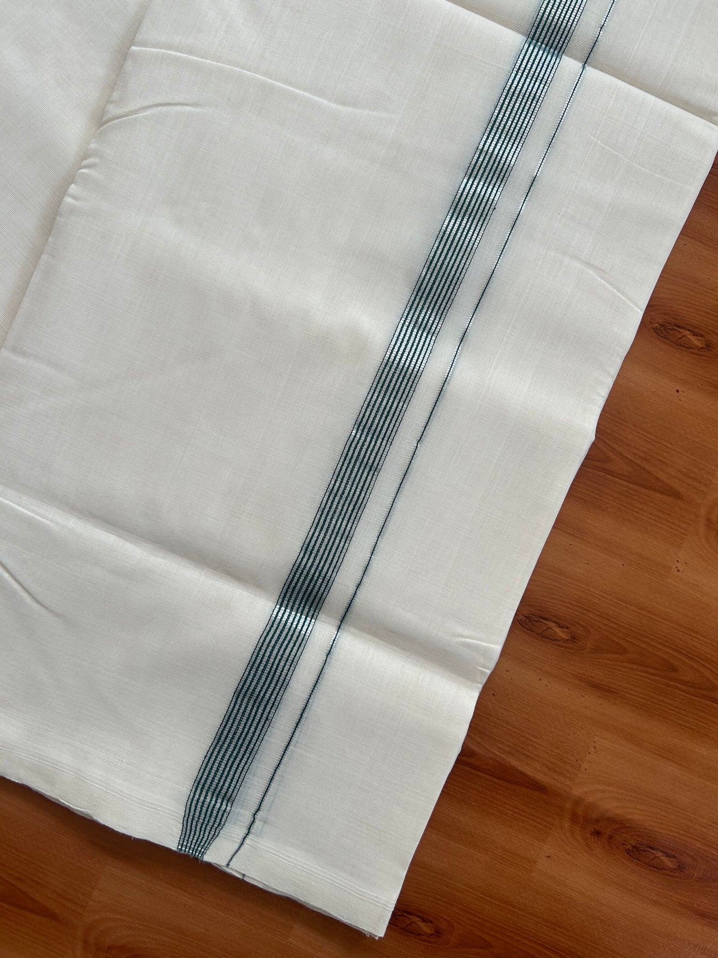 25% Discount ! KaithariKada Handloom Unakkupaav - Kerala Handloom - 100% Pure Cotton Off White (Unbleached) Double Mundu/Dothi - 100x80 - 0.75 inch Silver Kasav & Green Striped Kara 4 Meters (8.5 Muzham) - 5 KK5380 SOM