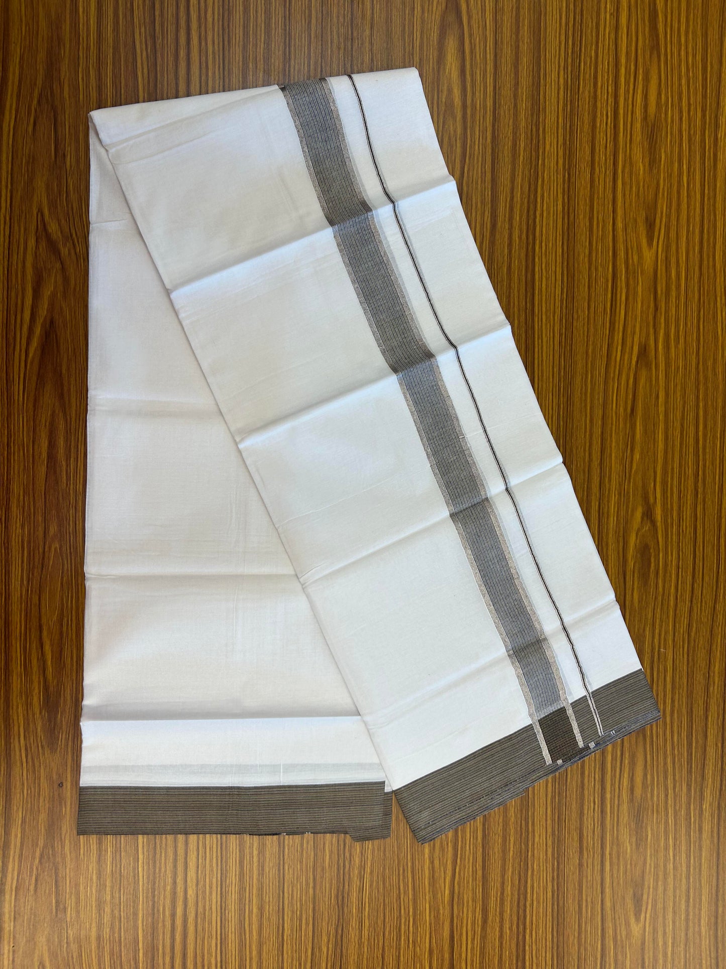 20% Discount!! Kaitharikada Balaramapuram 100% Pure Cotton Pure White Double Mundu/Dothi - 100x100 - 1.5 inch Silver Kasav Blue & Brown Striped Kara - 4.00 m (8.5 muzham) - 85 KK5362 GAN