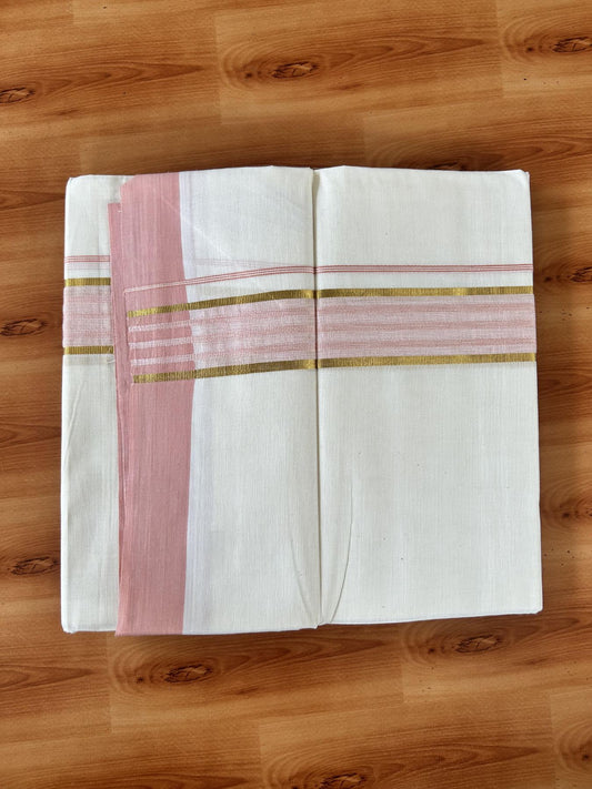 Double Off White (Unbleached) Mundu/Dothi- 20% Discount! Kaitharikada 100% Pure Cotton - 100x80 - 1.75 inch Gold Kasav & Peach Striped Shaded Kara 4 mtr (8.5 muzham) - 2 KK5455 THI