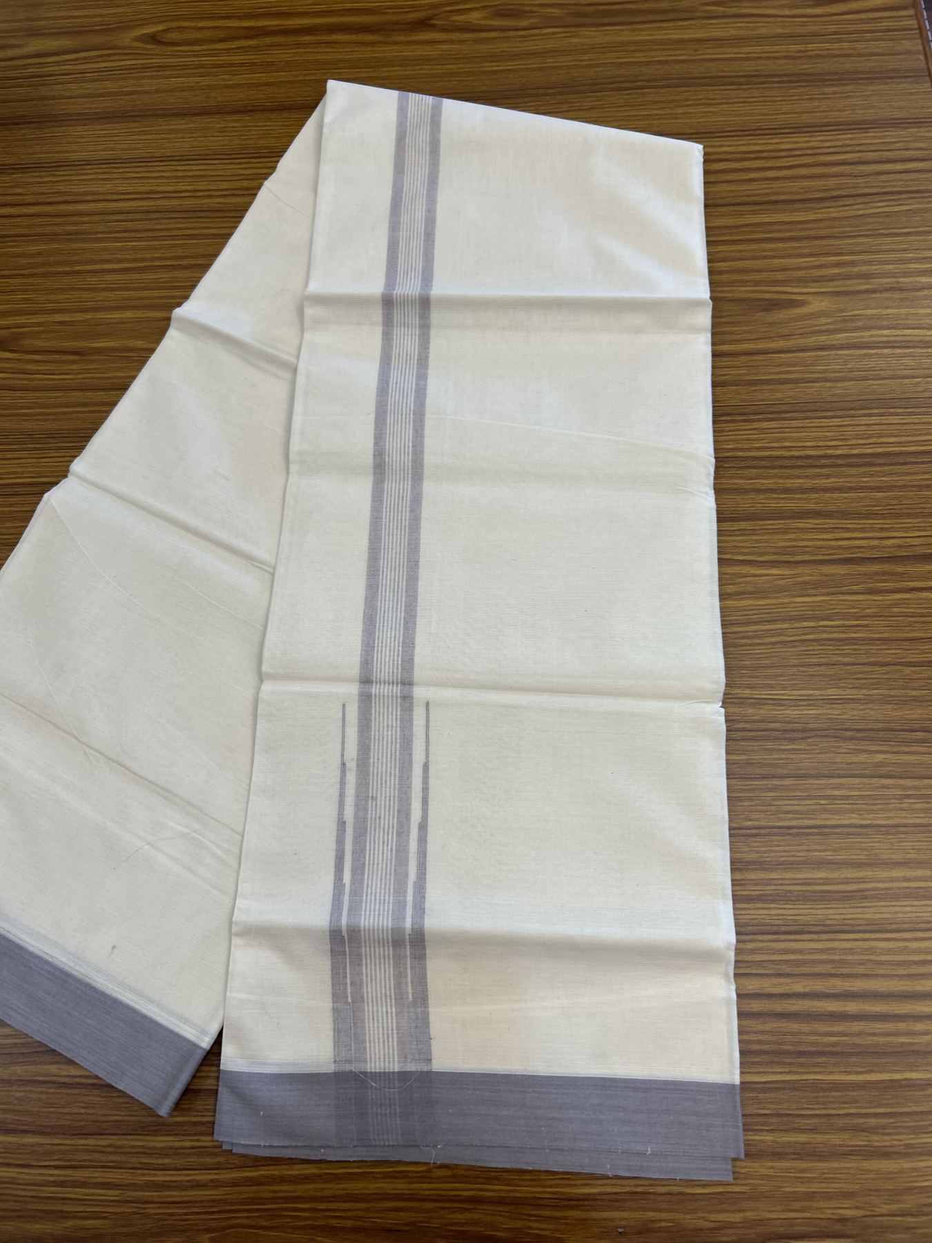 20% Discount ! KaithariKada Balaramapuram 100% Cotton Double Off White - (Unbleached) - Mundu / Dhoti- 100x80 -  1.75 inch Puliyilakkara Ash Purple shaded striped chutty Kara - 4 mtr (8.5 Muzham) - 30 KK5340 VIN