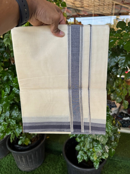 20% Discount! KaithariKada Balaramapuram 100% Cotton Double OFF WHITE (unbleached) Mundu/Dhoti- 100x80- 1.5 inch Silver Kasavu Navy Blue shaded striped Kara 4 mtr (8.5 muzham) - 74 KK5251 PMC