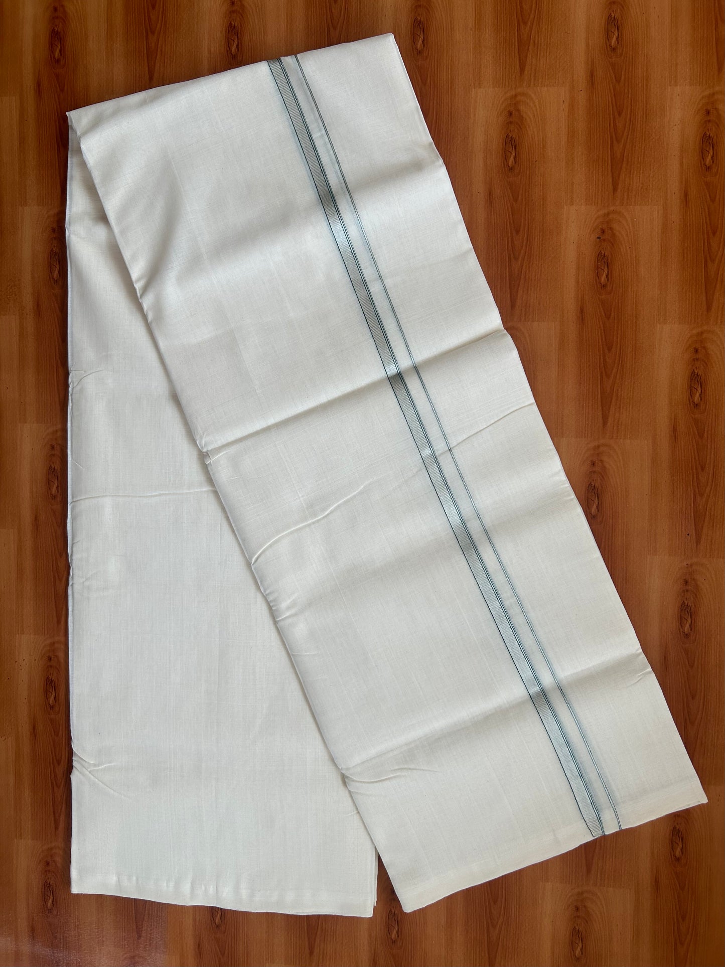 25% Discount ! KaithariKada Handloom Millpaav - Kerala Handloom - 100% Pure Cotton Off White (Unbleached) Double Mundu/Dothi - 100x80 - 0.5 inch Silver Kasav & Green Striped Kara   3.80 Meters (8 Muzham) - 12 KK5380 SOM