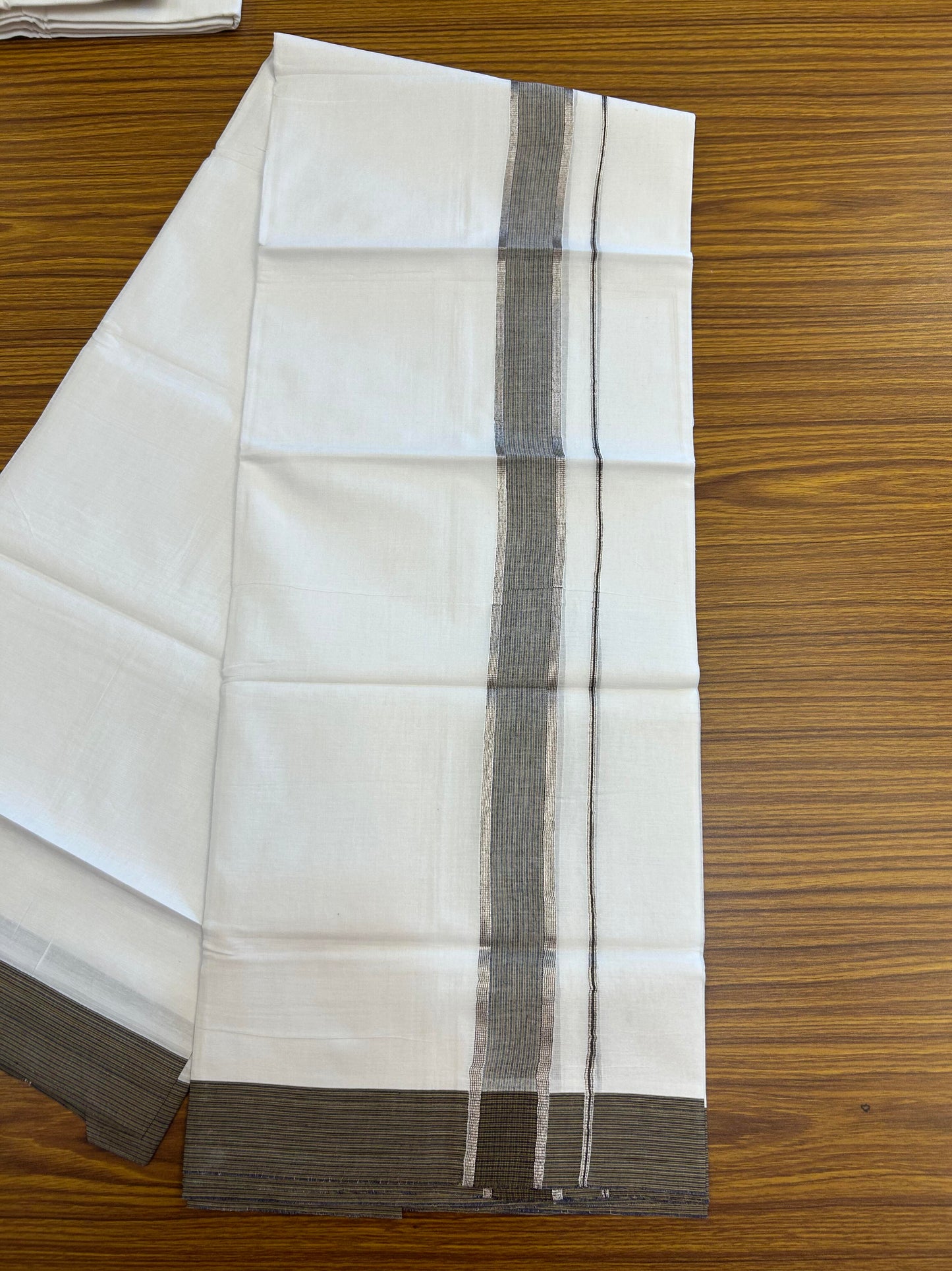 20% Discount!! Kaitharikada Balaramapuram 100% Pure Cotton Pure White Double Mundu/Dothi - 100x100 - 1.5 inch Silver Kasav Blue & Brown Striped Kara - 4.00 m (8.5 muzham) - 85 KK5362 GAN