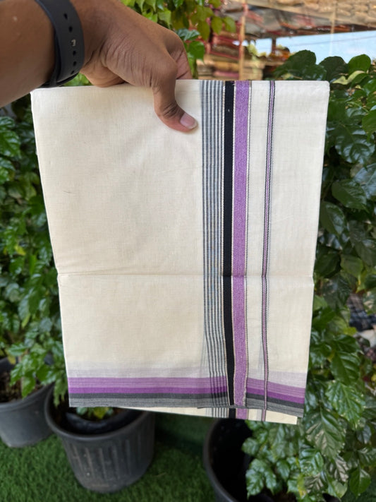 20% Discount! KaithariKada Balaramapuram 100% Cotton Double OFF WHITE (unbleached) Mundu/Dhoti- 100x80- 1.5 inch Silver Kasavu Black & Violet Shaded striped Kara 4 mtr (8.5 muzham) - 65 KK5251 PMC