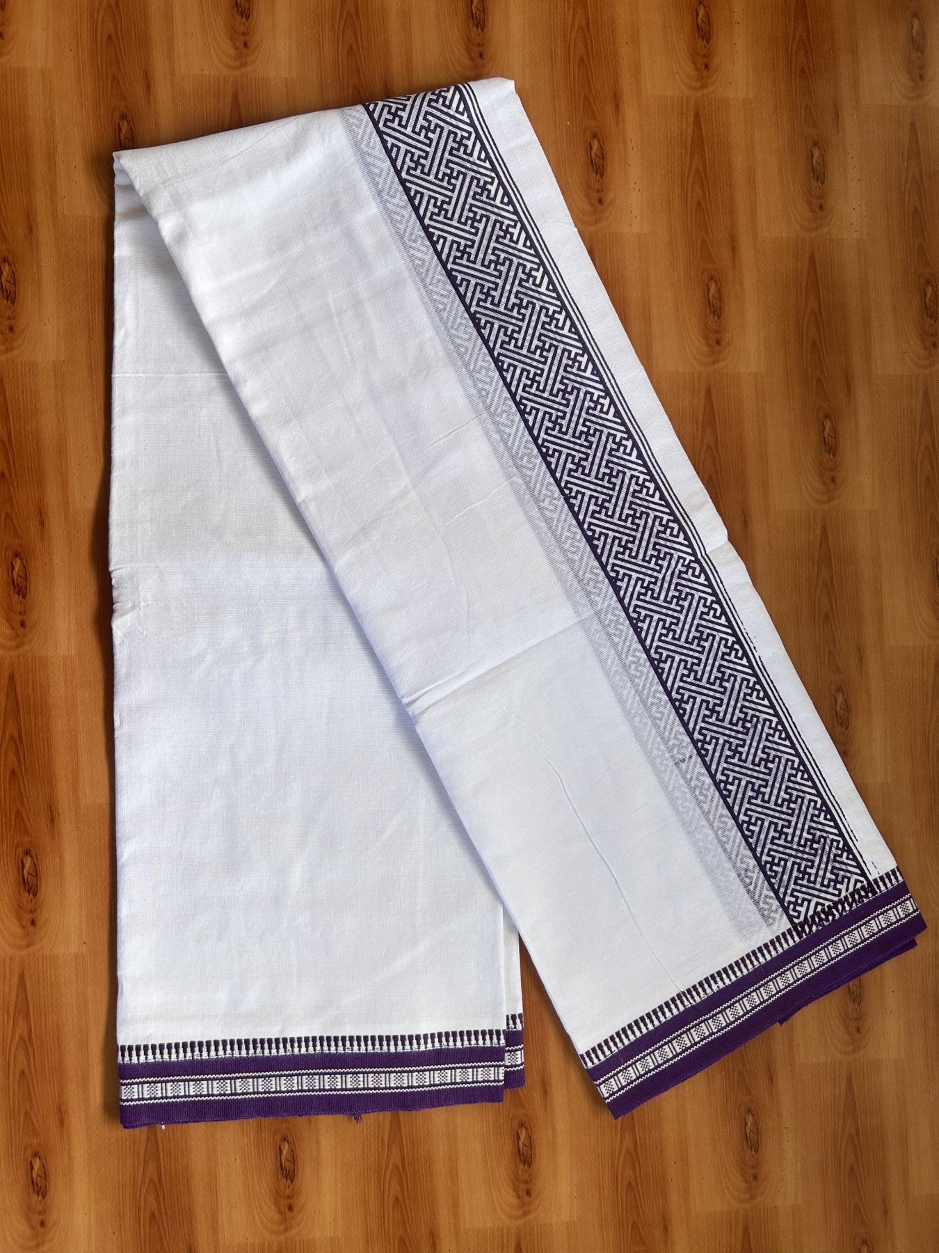 Kaitharikada - Single Kaily / Lungi - Mixed Cotton - 40s twisted - 2.5 inch Violet Printed Design Kuppadam kara with White colour body (2 meter / 4 muzham) - 31 KK8055 SAT