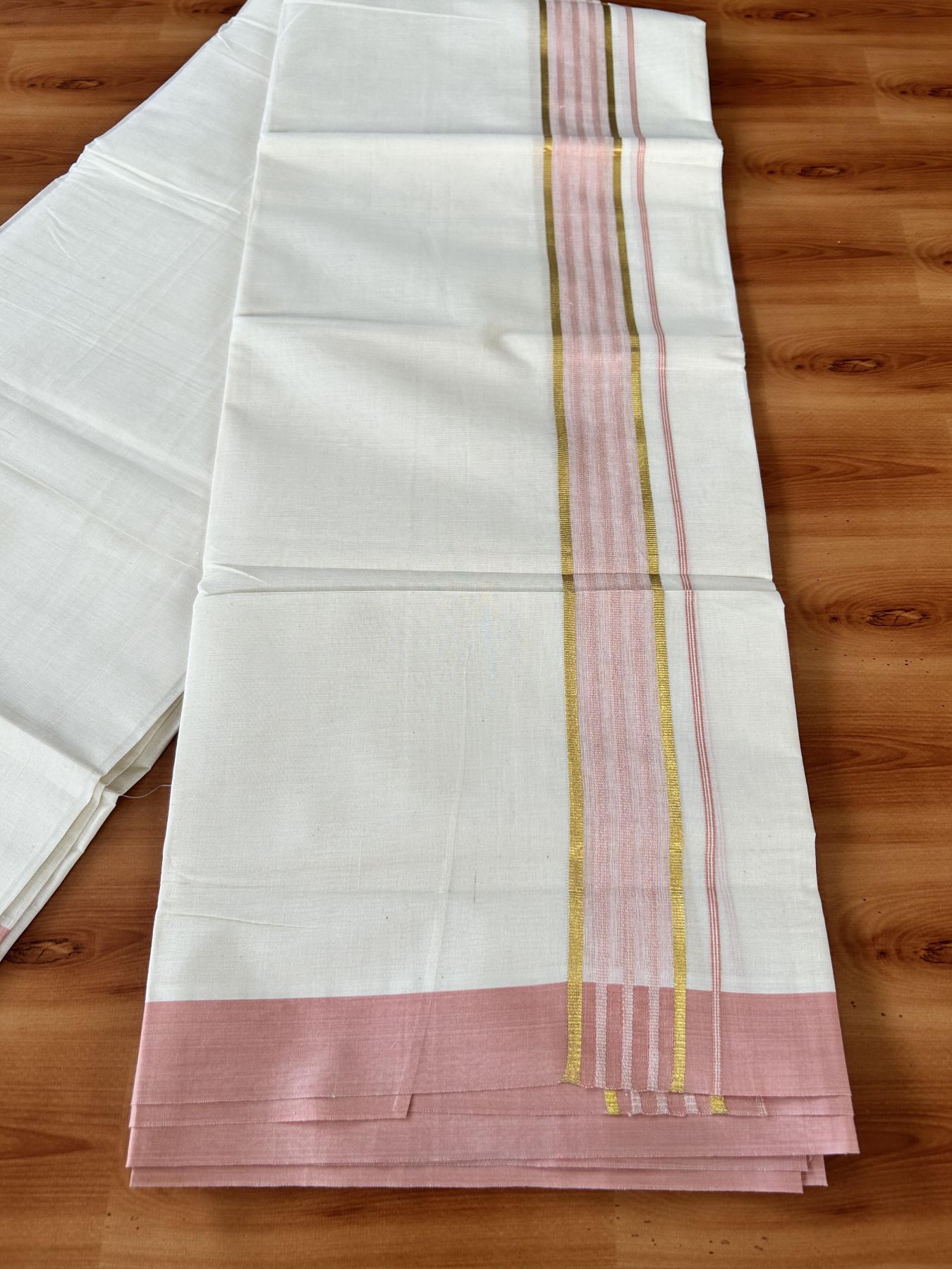 Double Off White (Unbleached) Mundu/Dothi- 20% Discount! Kaitharikada 100% Pure Cotton - 100x80 - 1.75 inch Gold Kasav & Peach Striped Shaded Kara 4 mtr (8.5 muzham) - 2 KK5455 THI