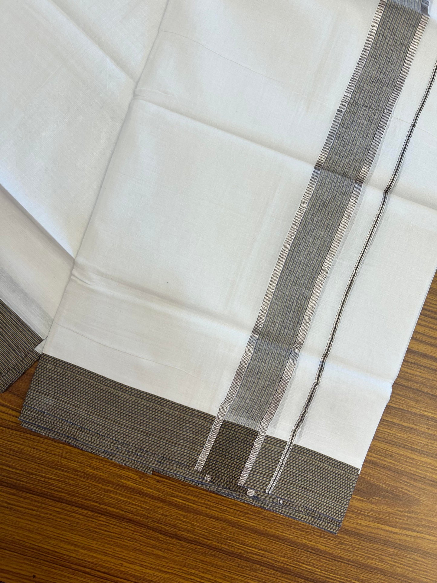 20% Discount!! Kaitharikada Balaramapuram 100% Pure Cotton Pure White Double Mundu/Dothi - 100x100 - 1.5 inch Silver Kasav Blue & Brown Striped Kara - 4.00 m (8.5 muzham) - 85 KK5362 GAN