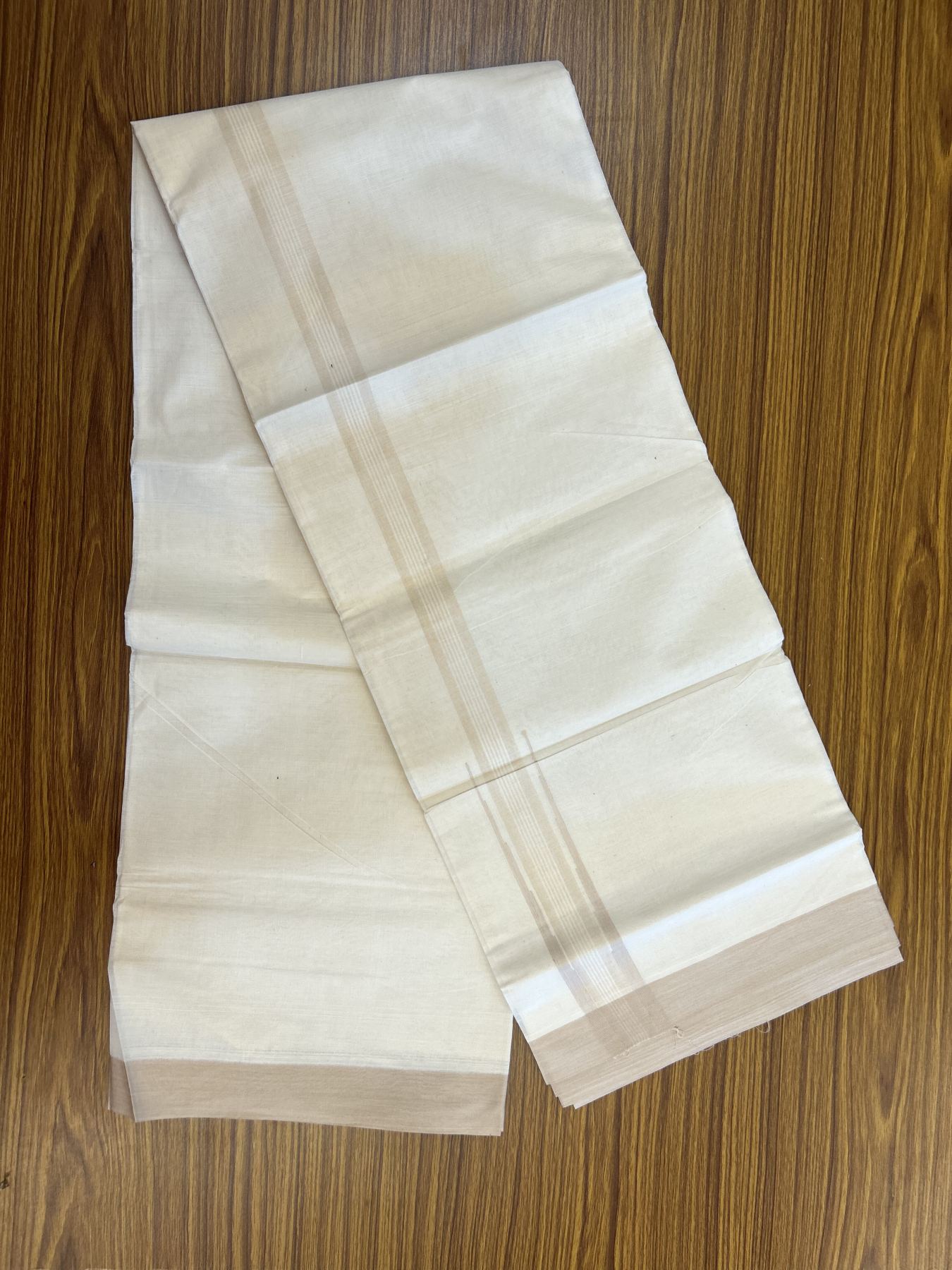 20% Discount ! KaithariKada Balaramapuram 100% Cotton Double Off White - (Unbleached) - Mundu / Dhoti- 100x80 -  1.75 inch Puliyilakkara Cream shaded striped chutty Kara - 4 mtr (8.5 Muzham) - 31 KK5340 VIN