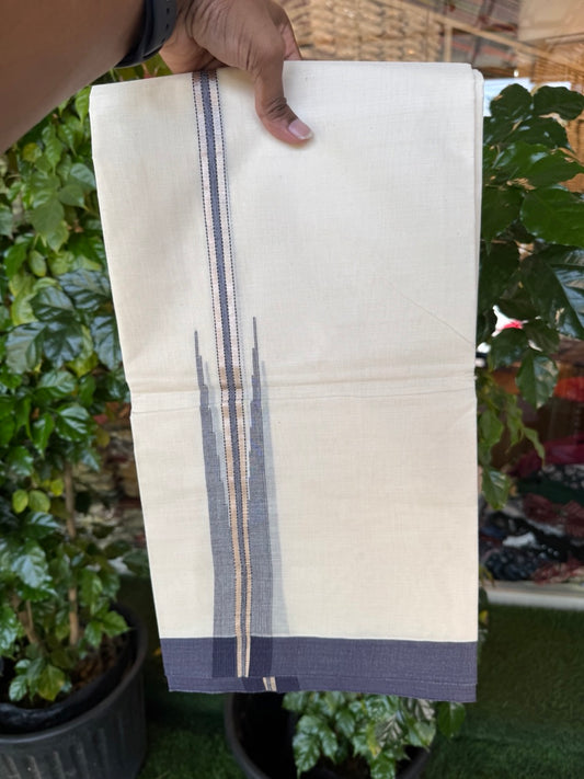 20% Discount ! KaithariKada Balaramapuram 100% Cotton Double OFF WHITE (unbleached) Mundu/Dhoti- 100x90- 1.75 inch Puliyilakkara Silver Kasavu & Navy Blue Striped Chutty Kara 4 mtr (8.5 muzham) - 56 KK5251 PMC