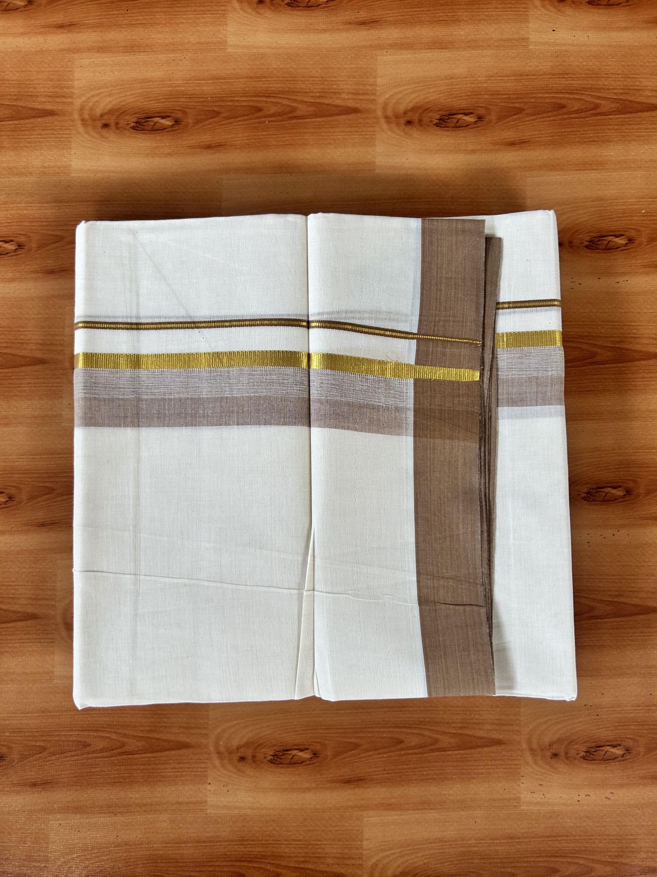 Double Off White (Unbleached) Mundu/Dothi- 20% Discount! Kaitharikada 100% Pure Cotton - 100x80 - 1.75 inch Gold Kasav & Peach Brown Shaded Kara 4 mtr (8.5 muzham) - 3 KK5455 THI