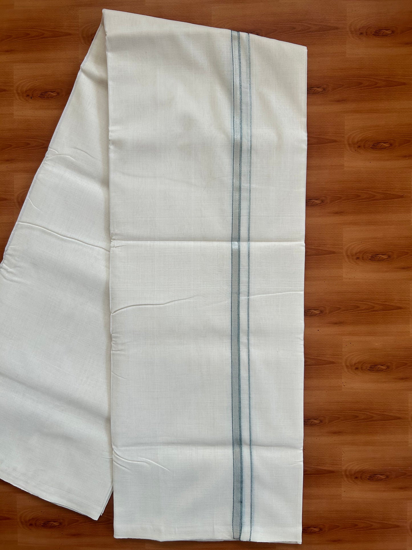 25% Discount ! KaithariKada Handloom Millpaav - Kerala Handloom - 100% Pure Cotton Off White (Unbleached) Double Mundu/Dothi - 100x80 - 0.5 inch Silver Kasav & Green Striped Kara   3.80 Meters (8 Muzham) - 12 KK5380 SOM