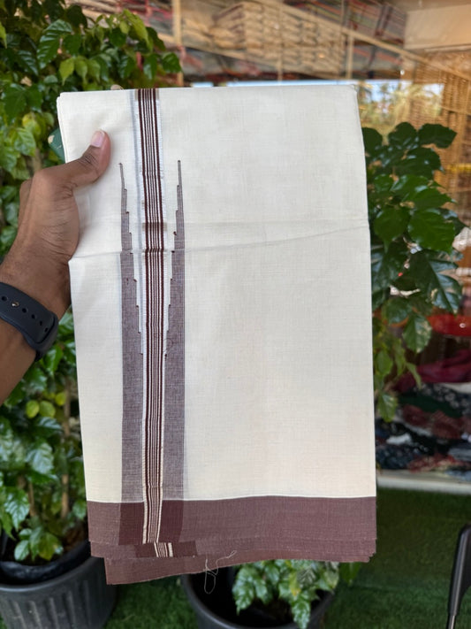 20% Discount ! KaithariKada Balaramapuram 100% Cotton Double OFF WHITE (unbleached) Mundu/Dhoti- 100x90- 1.75 inch Puliyilakkara Silver Kasavu & Brown Striped Chutty Kara 4 mtr (8.5 muzham) - 55 KK5251 PMC
