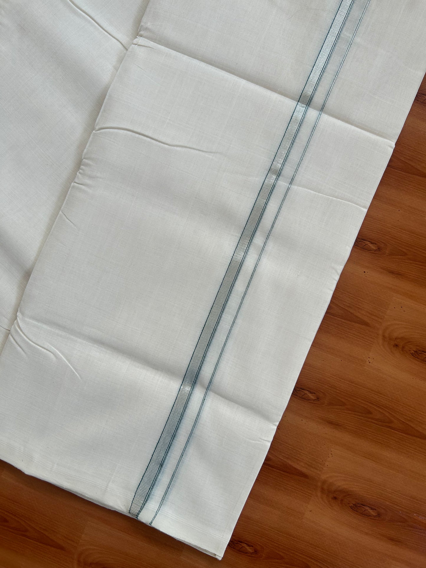 25% Discount ! KaithariKada Handloom Millpaav - Kerala Handloom - 100% Pure Cotton Off White (Unbleached) Double Mundu/Dothi - 100x80 - 0.5 inch Silver Kasav & Green Striped Kara   3.80 Meters (8 Muzham) - 12 KK5380 SOM