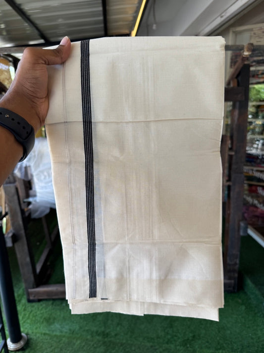 3% Discount!! KaithariKada Balaramapuram 100% Cotton Single Off White - (Unbleached) Mundu/Dhoti - 80x60 - 0.5 inch Silver Kasavu & Black Striped Kara (2 meter / 4 muzham) - 78 KK5251 PMC