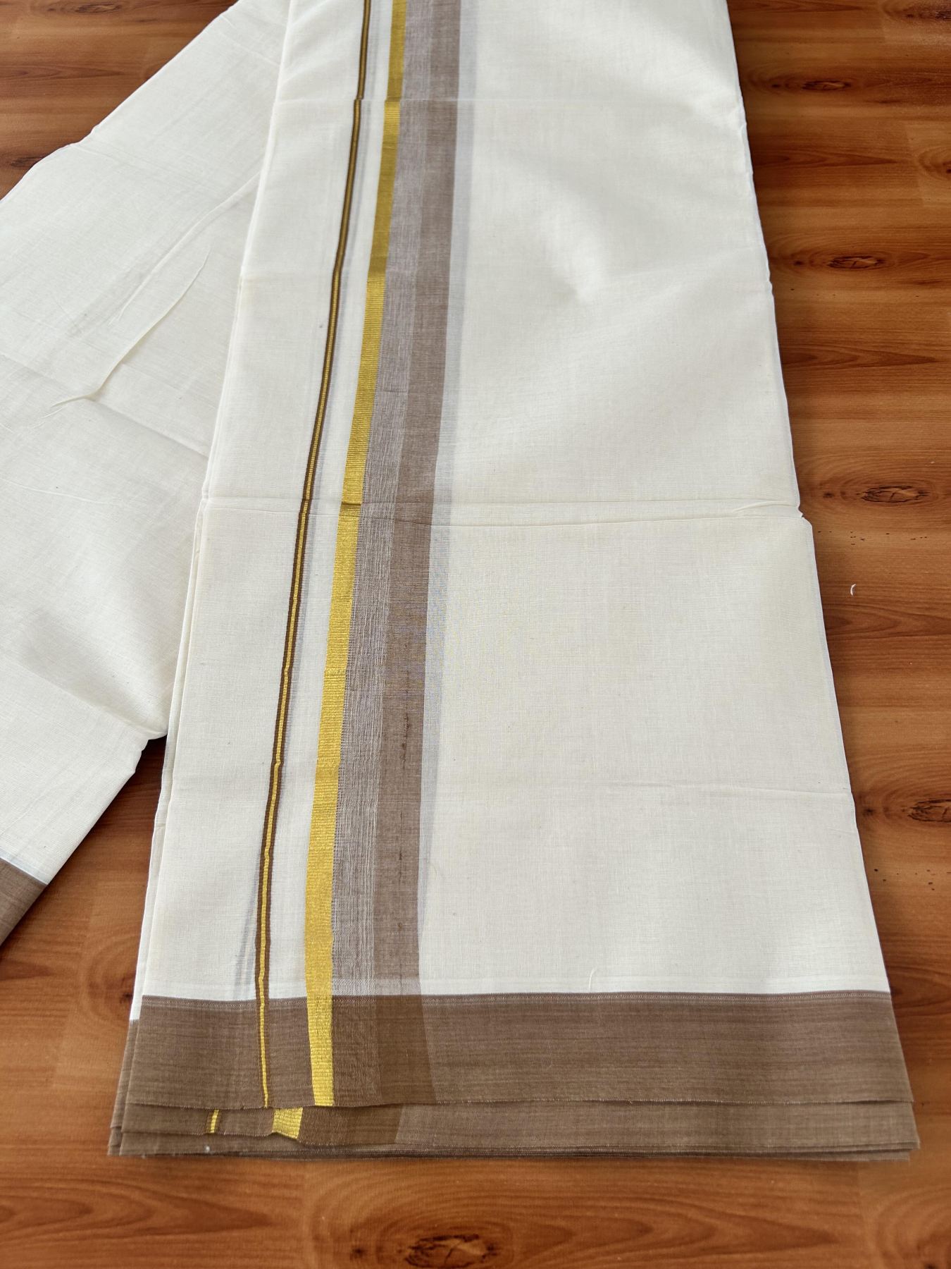 Double Off White (Unbleached) Mundu/Dothi- 20% Discount! Kaitharikada 100% Pure Cotton - 100x80 - 1.75 inch Gold Kasav & Peach Brown Shaded Kara 4 mtr (8.5 muzham) - 3 KK5455 THI