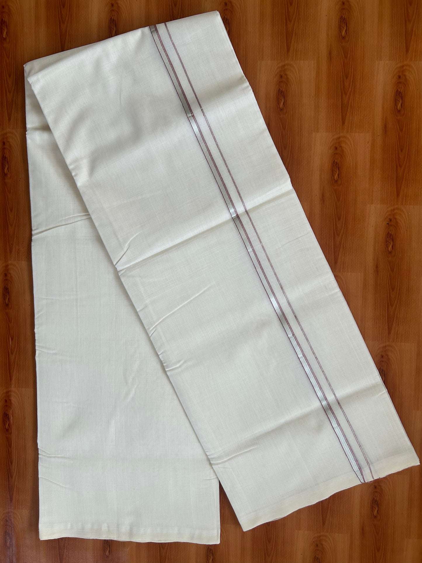 25% Discount ! KaithariKada Handloom Unakkupaav - Kerala Handloom - 100% Pure Cotton Off White (Unbleached) Double Mundu/Dothi - 100x80 - 0.25 inch Silver Kasav & Maroon Striped Kara 4 Meters (8.5 Muzham) - 10 KK5380 SOM