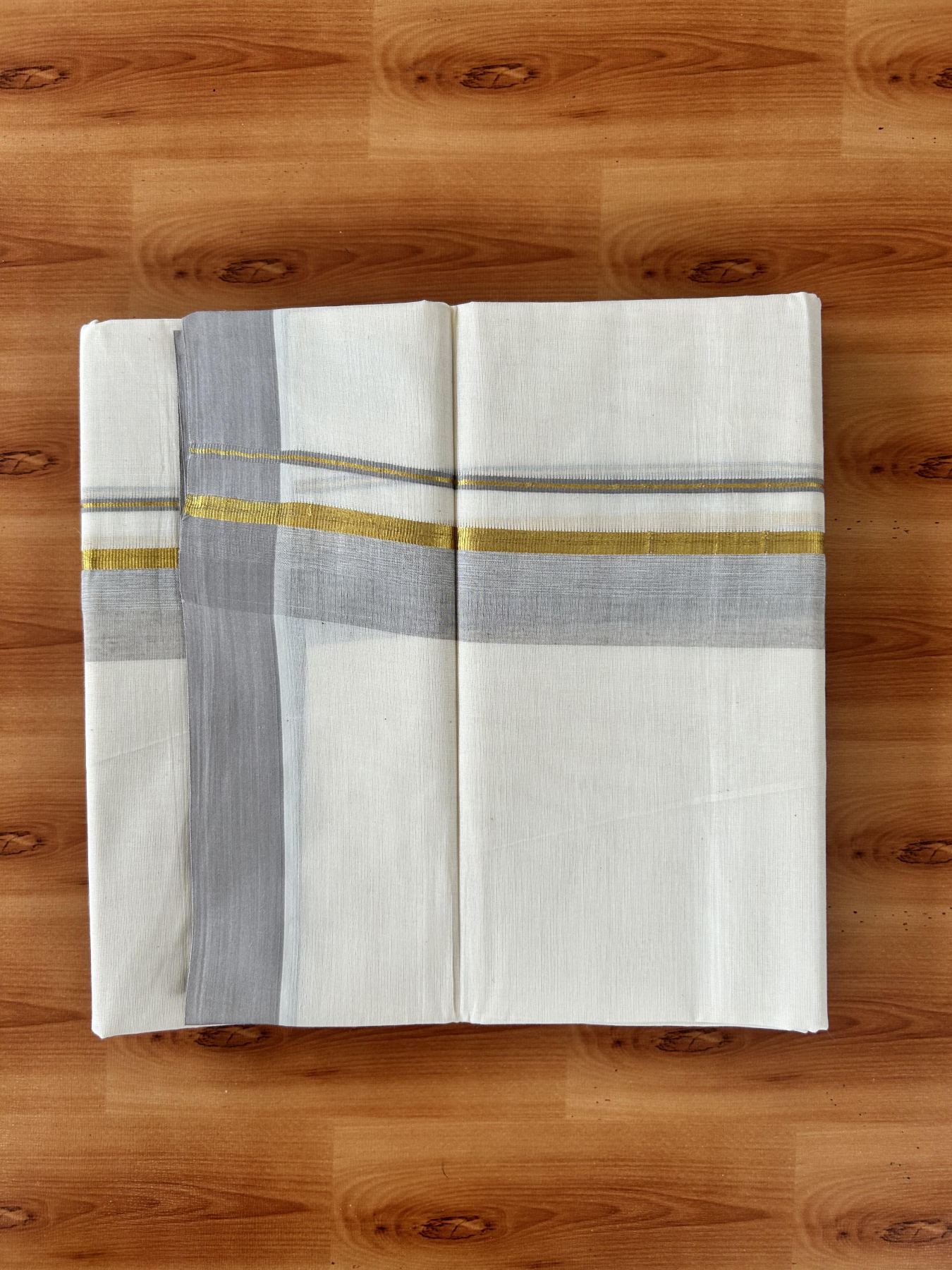 Double Off White (Unbleached) Mundu/Dothi- 20% Discount! Kaitharikada 100% Pure Cotton - 100x80 - 1.5 inch Gold Kasav & Ash Shaded Kara 4 mtr (8.5 muzham) - 4 KK5455 THI
