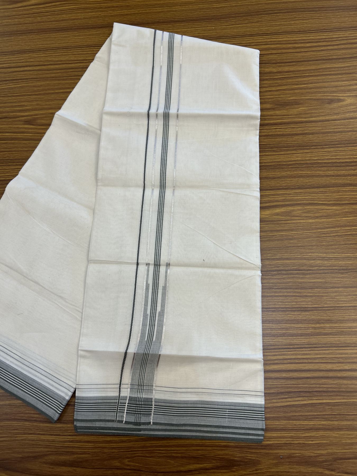 20% Discount ! KaithariKada Balaramapuram 100% Cotton Double Off White - (Unbleached) - Mundu / Dhoti- 100x80 -  1.25 inch Puliyilakkara Silver Kasav & Sage Green shaded striped chutty Kara - 4 mtr (8.5 Muzham) - 32 KK5340 VIN