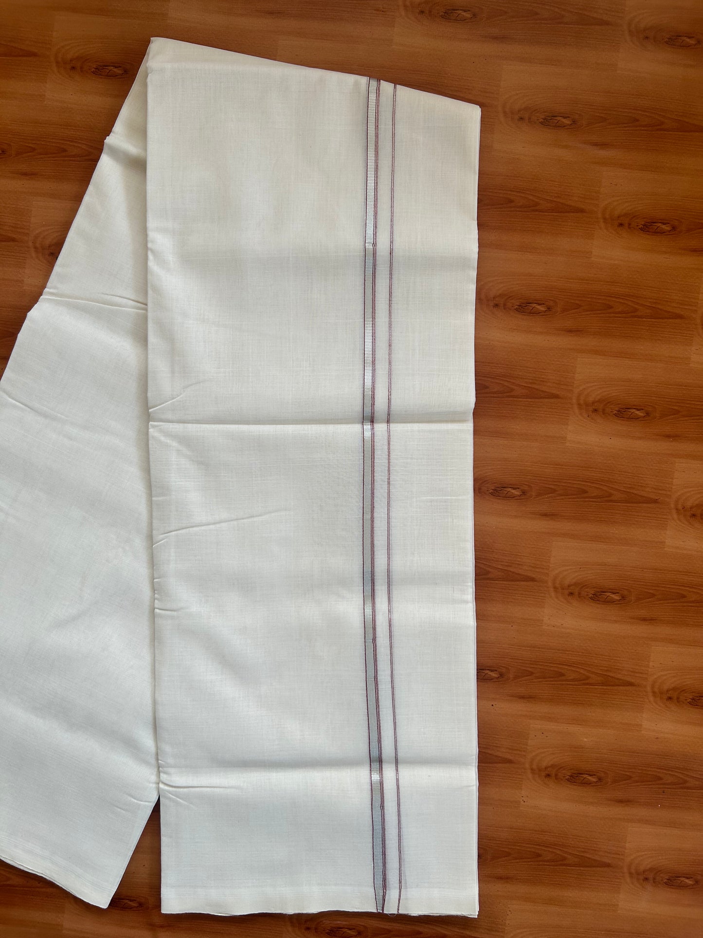 25% Discount ! KaithariKada Handloom Unakkupaav - Kerala Handloom - 100% Pure Cotton Off White (Unbleached) Double Mundu/Dothi - 100x80 - 0.25 inch Silver Kasav & Maroon Striped Kara 4 Meters (8.5 Muzham) - 10 KK5380 SOM