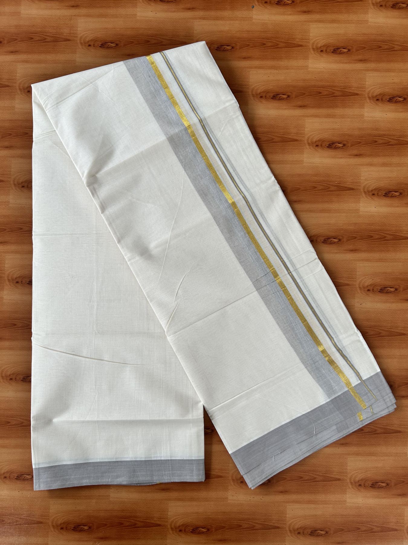 Double Off White (Unbleached) Mundu/Dothi- 20% Discount! Kaitharikada 100% Pure Cotton - 100x80 - 1.5 inch Gold Kasav & Ash Shaded Kara 4 mtr (8.5 muzham) - 4 KK5455 THI
