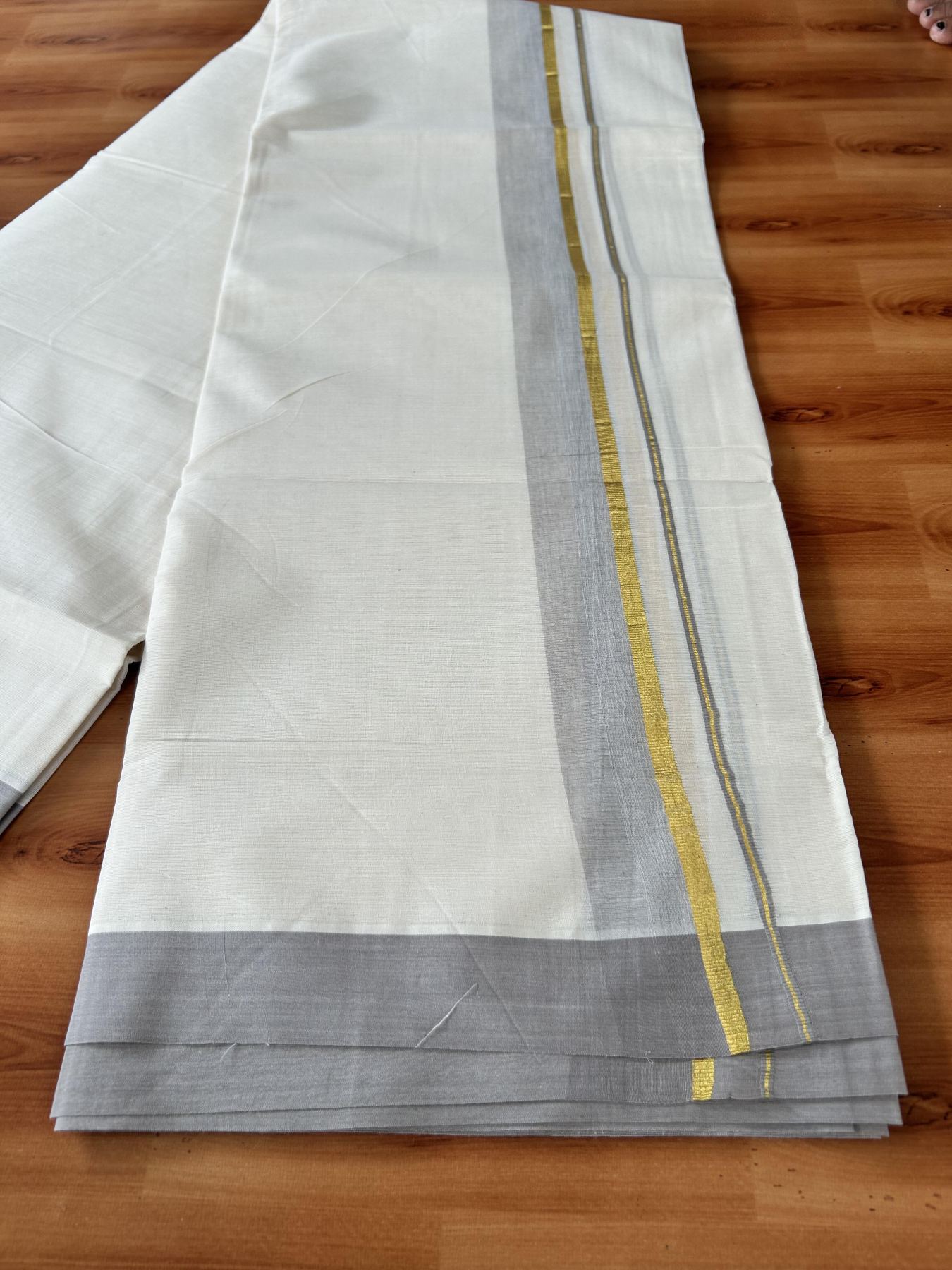 Double Off White (Unbleached) Mundu/Dothi- 20% Discount! Kaitharikada 100% Pure Cotton - 100x80 - 1.5 inch Gold Kasav & Ash Shaded Kara 4 mtr (8.5 muzham) - 4 KK5455 THI