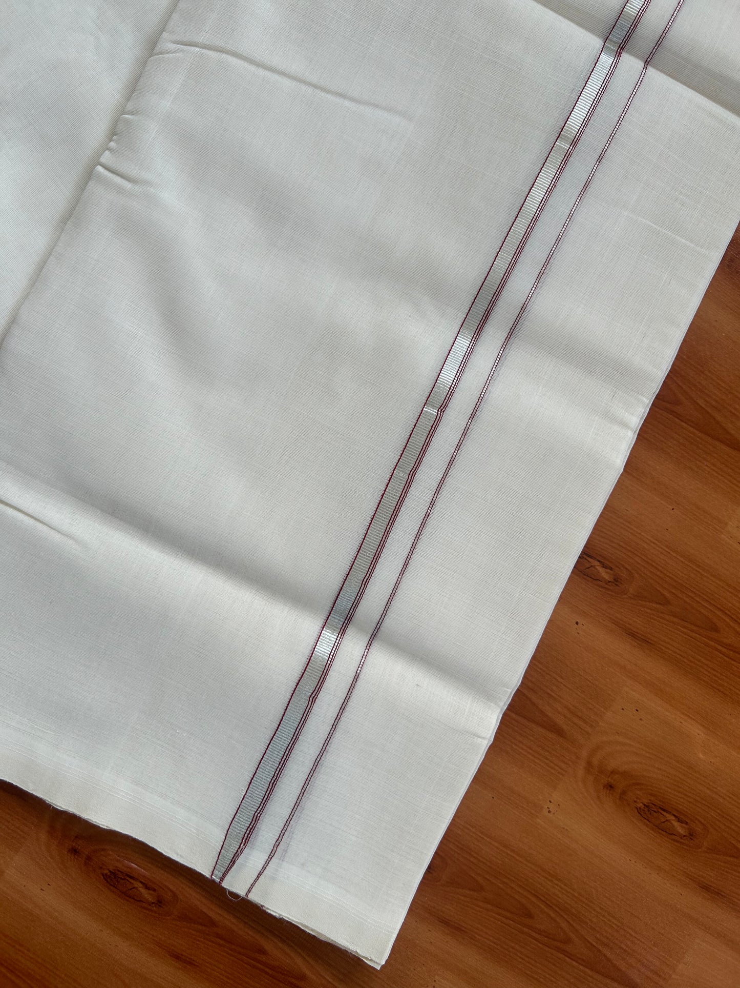 25% Discount ! KaithariKada Handloom Unakkupaav - Kerala Handloom - 100% Pure Cotton Off White (Unbleached) Double Mundu/Dothi - 100x80 - 0.25 inch Silver Kasav & Maroon Striped Kara 4 Meters (8.5 Muzham) - 10 KK5380 SOM