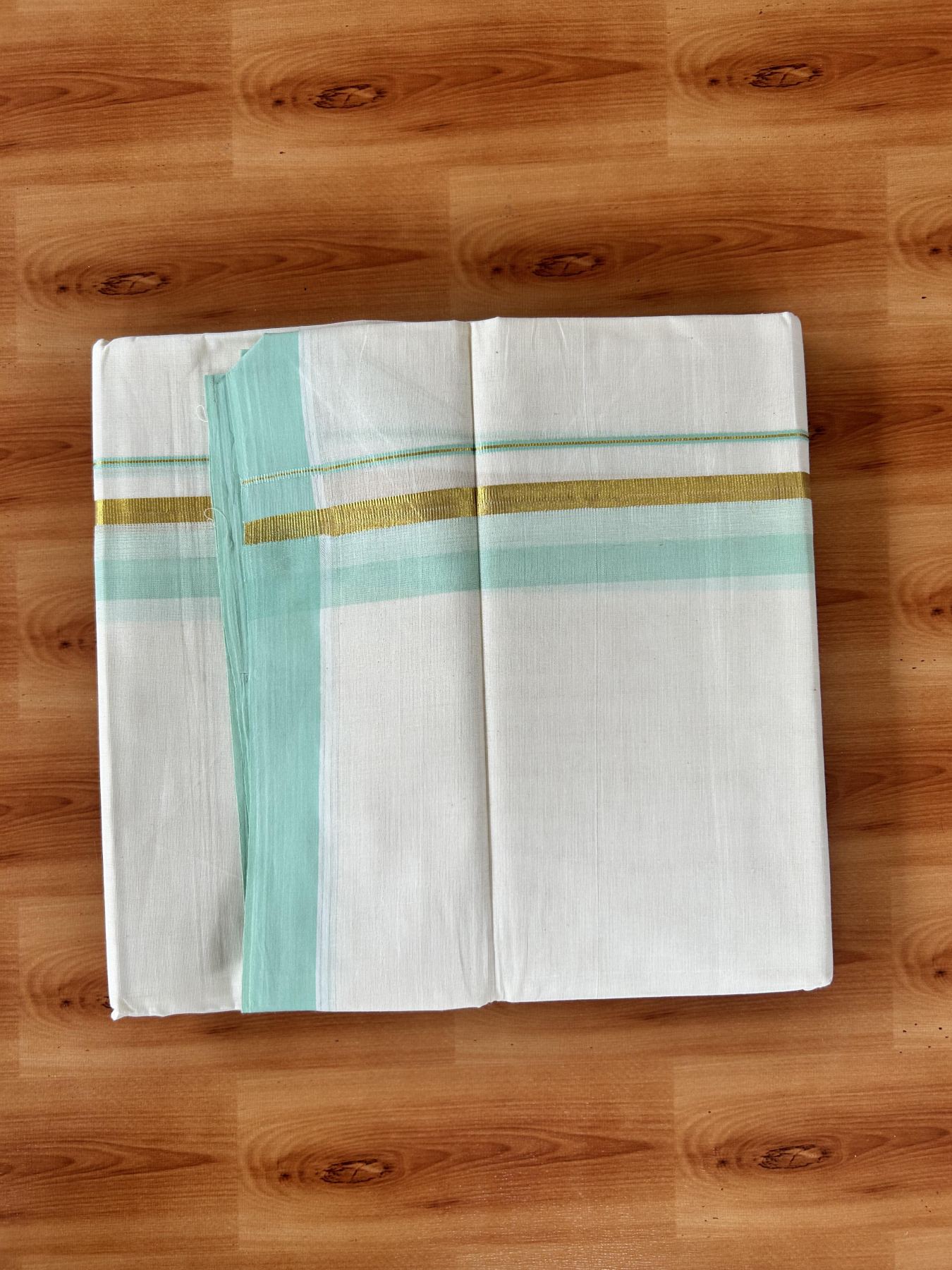Double Off White (Unbleached) Mundu/Dothi- 20% Discount! Kaitharikada 100% Pure Cotton - 100x80 - 1.5 inch Gold Kasav & Mint Green Shaded Kara 4 mtr (8.5 muzham) - 5 KK5455 THI