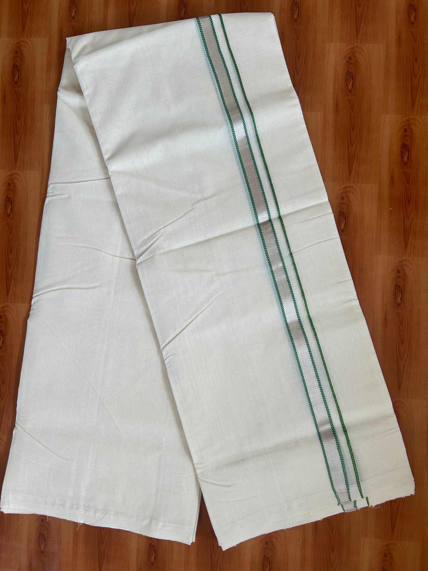 25% Discount ! KaithariKada Handloom Unakkupaav - Kerala Handloom - 100% Pure Cotton Off White (Unbleached) Double Mundu/Dothi - 100x80 - 0.75 inch Silver Gold Kasav & Green Muthukuri Kara 4 Meters (8.5 Muzham) - 6 KK5380 SOM