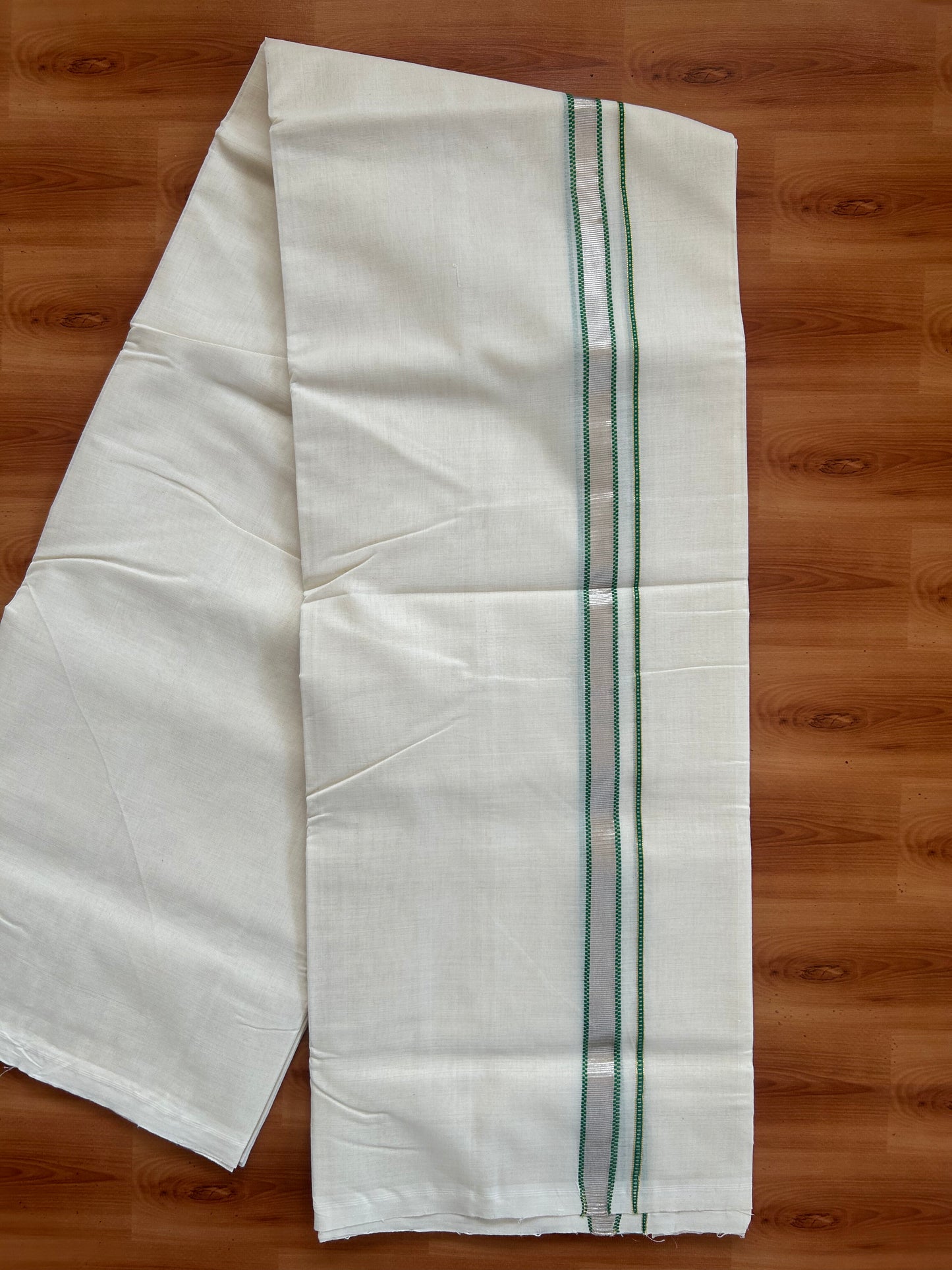 25% Discount ! KaithariKada Handloom Unakkupaav - Kerala Handloom - 100% Pure Cotton Off White (Unbleached) Double Mundu/Dothi - 100x80 - 0.75 inch Silver Gold Kasav & Green Muthukuri Kara 4 Meters (8.5 Muzham) - 6 KK5380 SOM