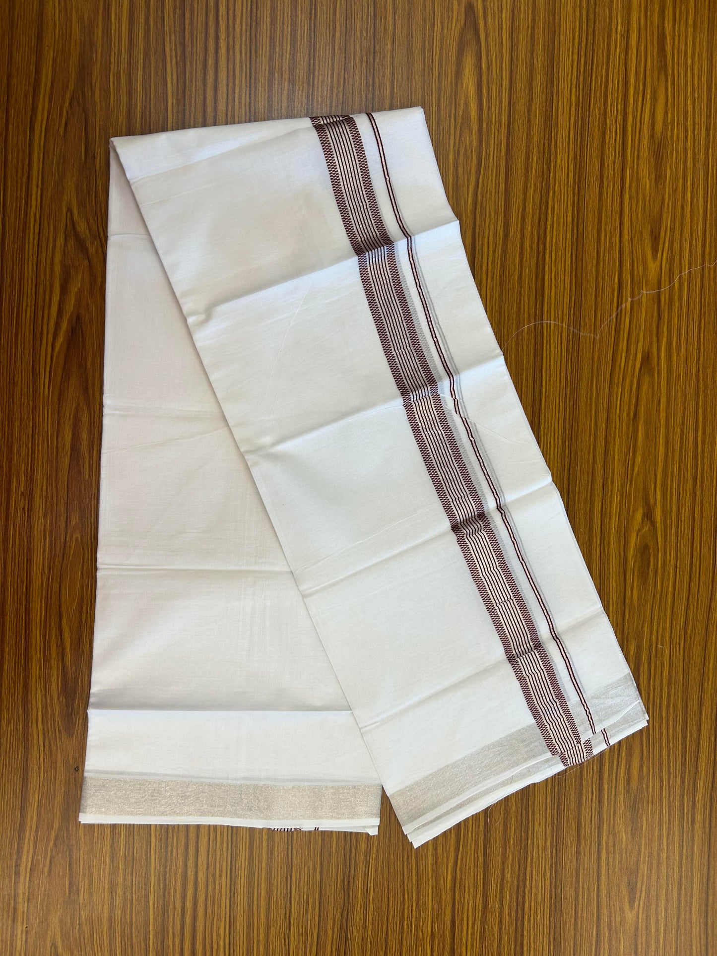 20% Discount ! Kaitharikada Balaramapuram 100% Cotton Pure White Double Mundu/Dothi - 100x100 - 1.5 inch Silver Kasav & Maroon Striped Design Kara - 92 KK5362 GAN