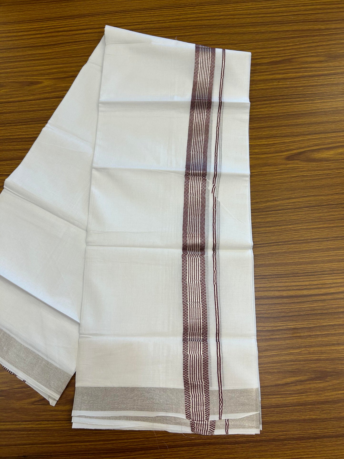 20% Discount ! Kaitharikada Balaramapuram 100% Cotton Pure White Double Mundu/Dothi - 100x100 - 1.5 inch Silver Kasav & Maroon Striped Design Kara - 92 KK5362 GAN