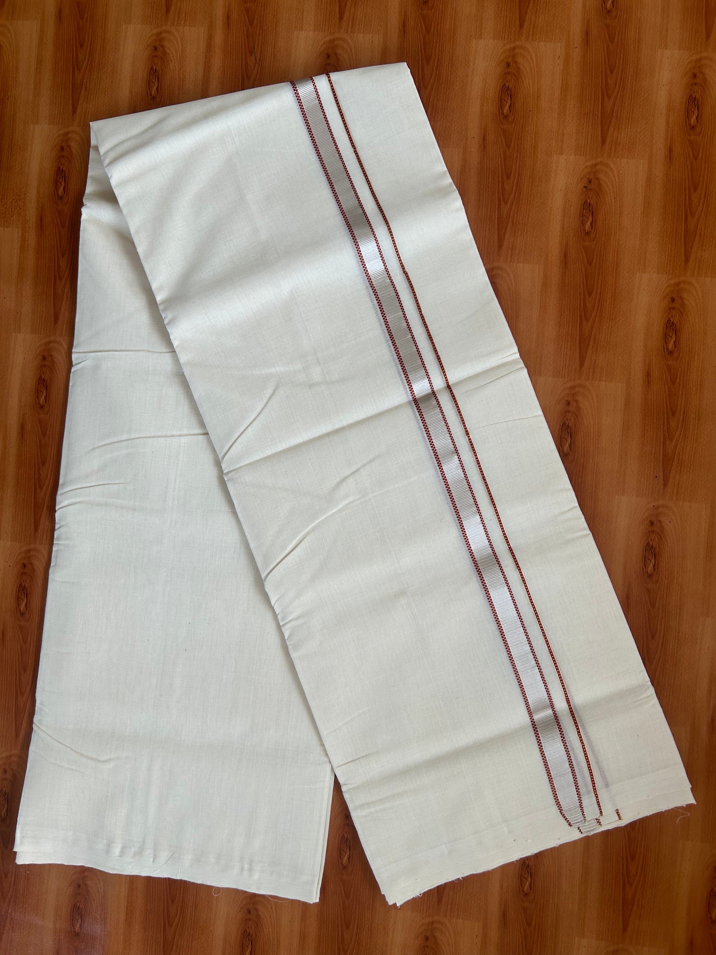 25% Discount ! KaithariKada Handloom Unakkupaav - Kerala Handloom - 100% Pure Cotton Off White (Unbleached) Double Mundu/Dothi - 100x80 - 0.75 inch Silver Gold Kasav &  Maroon Muthukuri Kara 4 Meters (8.5 Muzham) - 8 KK5380 SOM