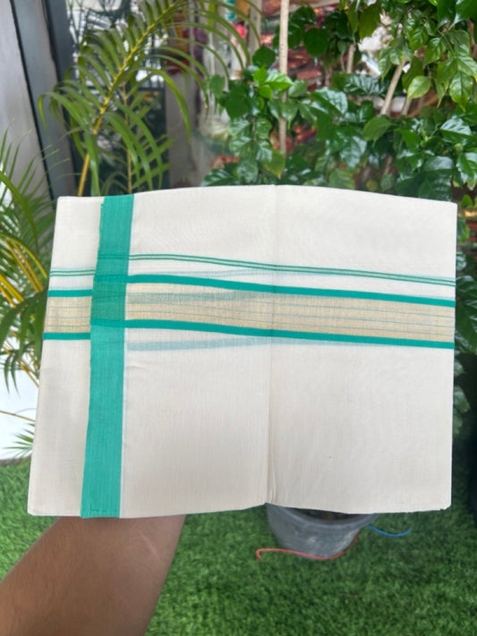 20% DISCOUNT! KaithariKada Balaramapuram Double OFF WHITE Mundu/Dhoti - 80x90 - 1.75 Inch Tissue Turquoise Green striped Kara - 7KK5182VAS