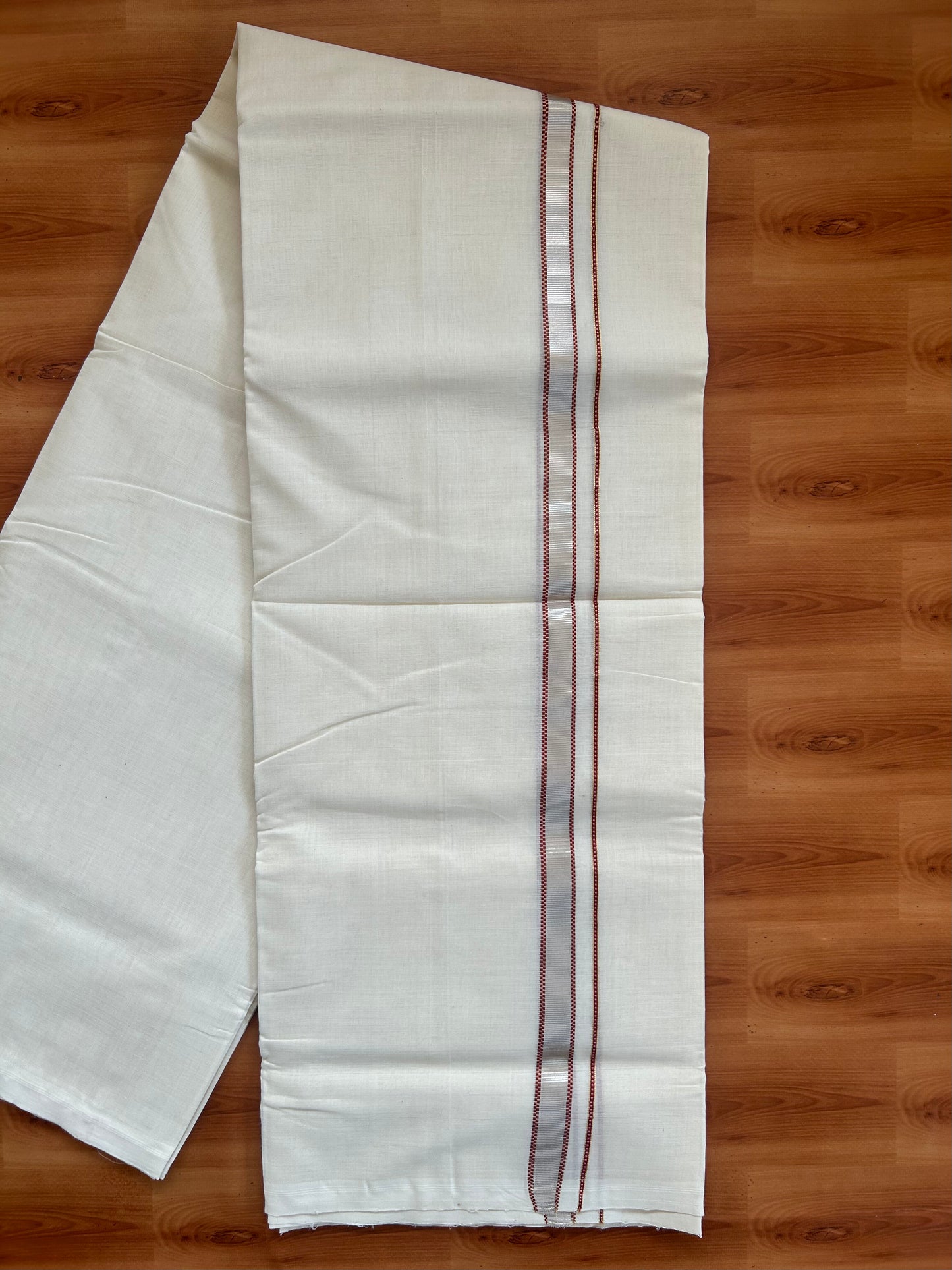25% Discount ! KaithariKada Handloom Unakkupaav - Kerala Handloom - 100% Pure Cotton Off White (Unbleached) Double Mundu/Dothi - 100x80 - 0.75 inch Silver Gold Kasav &  Maroon Muthukuri Kara 4 Meters (8.5 Muzham) - 8 KK5380 SOM