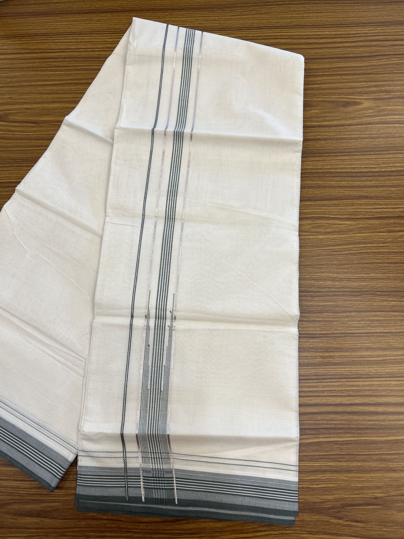 20% Discount ! KaithariKada Balaramapuram 100% Cotton Double Off White - (Unbleached) - Mundu / Dhoti- 100x80 -  1.25 inch Puliyilakkara Silver Kasav & Sage Green shaded striped chutty Kara - 4 mtr (8.5 Muzham) - 35 KK5340 VIN