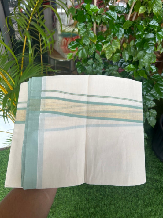 20% DISCOUNT! KaithariKada Balaramapuram Double OFF WHITE Mundu/Dhoti - 80x90 - 1.75 Inch Tissue Light Mint Green striped Kara - 6KK5182VAS