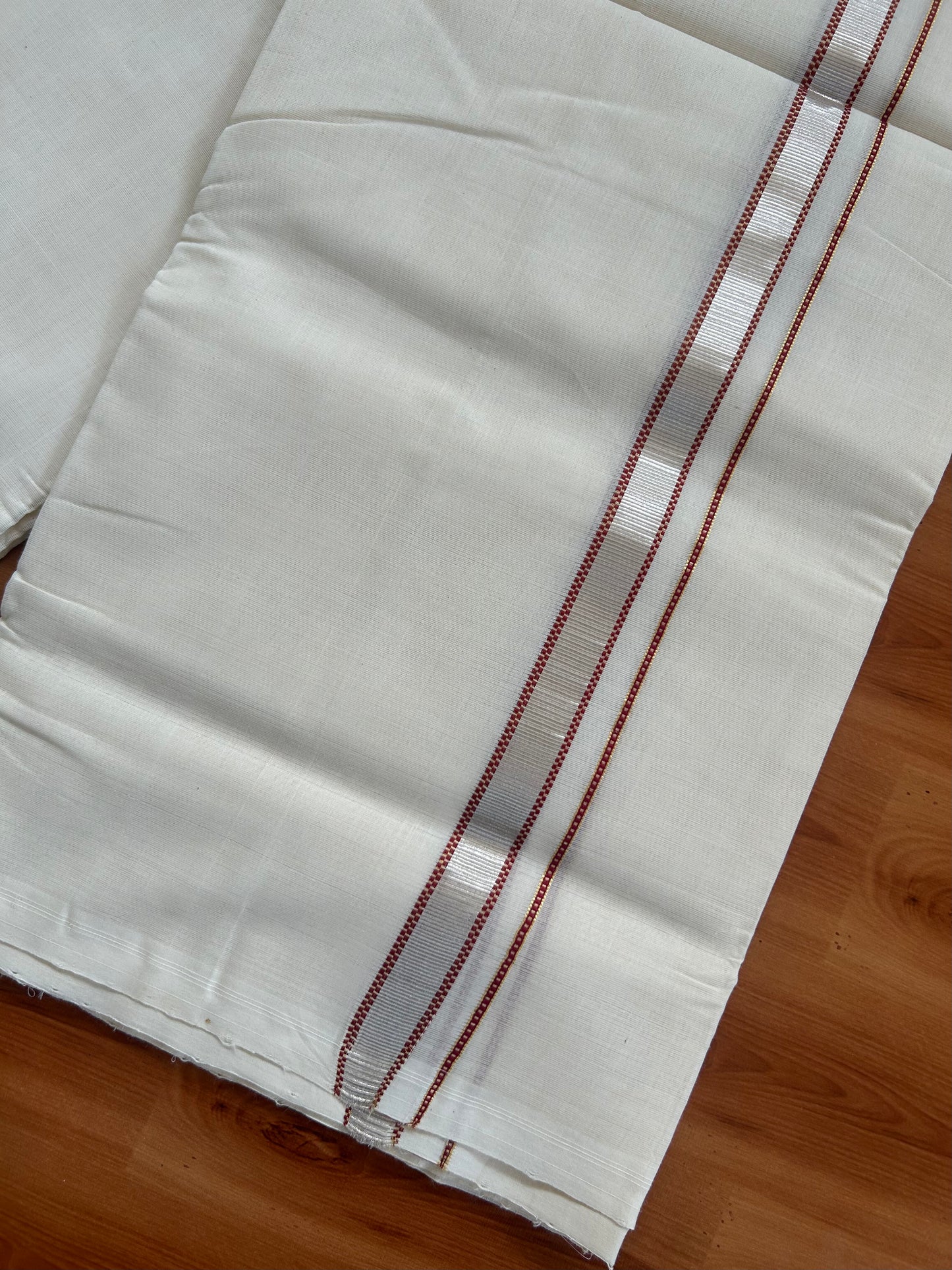 25% Discount ! KaithariKada Handloom Unakkupaav - Kerala Handloom - 100% Pure Cotton Off White (Unbleached) Double Mundu/Dothi - 100x80 - 0.75 inch Silver Gold Kasav &  Maroon Muthukuri Kara 4 Meters (8.5 Muzham) - 8 KK5380 SOM