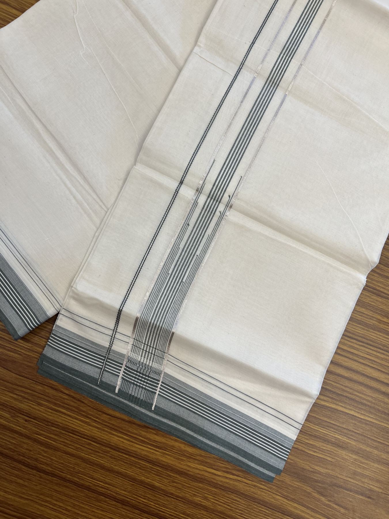 20% Discount ! KaithariKada Balaramapuram 100% Cotton Double Off White - (Unbleached) - Mundu / Dhoti- 100x80 -  1.25 inch Puliyilakkara Silver Kasav & Sage Green shaded striped chutty Kara - 4 mtr (8.5 Muzham) - 35 KK5340 VIN