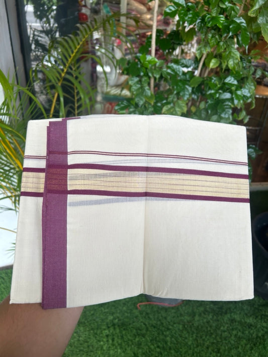 20% DISCOUNT! KaithariKada Balaramapuram Double OFF WHITE Mundu/Dhoti - 80x90 - 1.5 Inch Tissue Wine purple striped Kara - 1KK5182VAS
