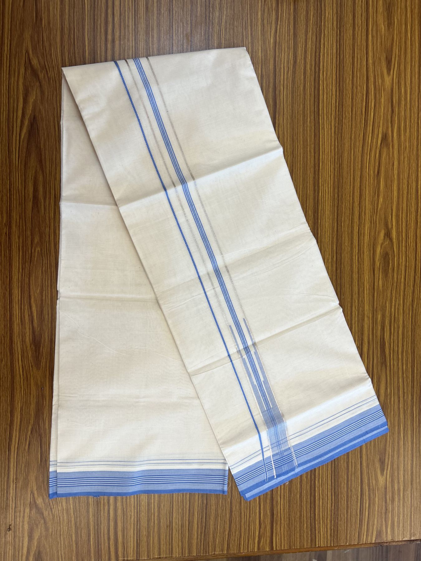 20% Discount ! KaithariKada Balaramapuram 100% Cotton Double Off White - (Unbleached) - Mundu / Dhoti- 100x80 -  1.25 inch Puliyilakkara Silver Kasav & Blue shaded striped chutty Kara - 4 mtr (8.5 Muzham) - 36 KK5340 VIN