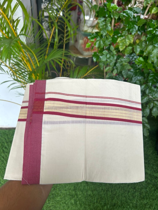 20% DISCOUNT! KaithariKada Balaramapuram Double OFF WHITE Mundu/Dhoti - 80x90 - 1.75 Inch Tissue Maroon striped Kara - 5KK5182VAS