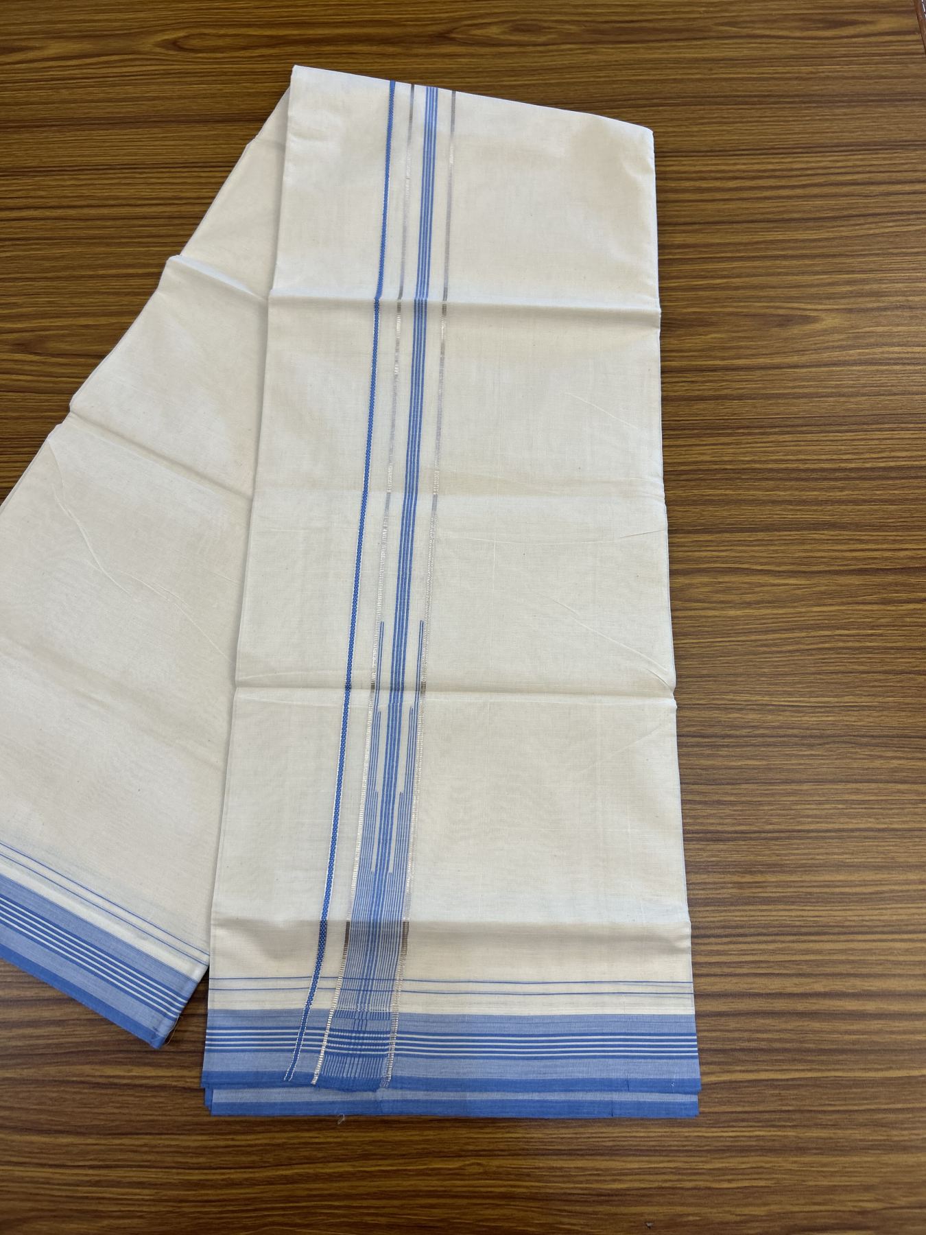 20% Discount ! KaithariKada Balaramapuram 100% Cotton Double Off White - (Unbleached) - Mundu / Dhoti- 100x80 -  1.25 inch Puliyilakkara Silver Kasav & Blue shaded striped chutty Kara - 4 mtr (8.5 Muzham) - 36 KK5340 VIN