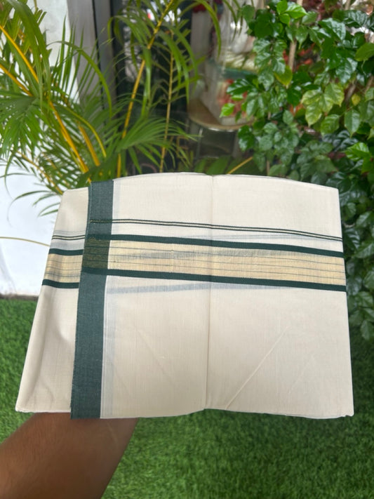 20% DISCOUNT! KaithariKada Balaramapuram Double OFF WHITE Mundu/Dhoti - 80x90 - 1.75 Inch Tissue Dark Green striped Kara - 4KK5182VAS